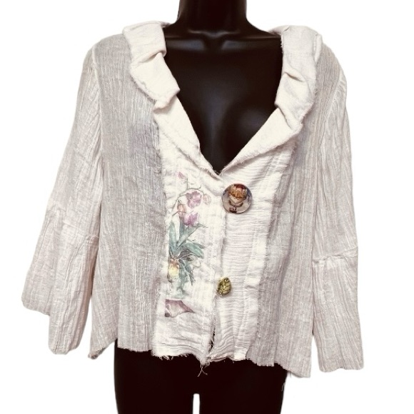 Lee Andersen Shabby Chic Cotton Gauzy Jacket Cream Cropped Art-To-Wear Sz Large